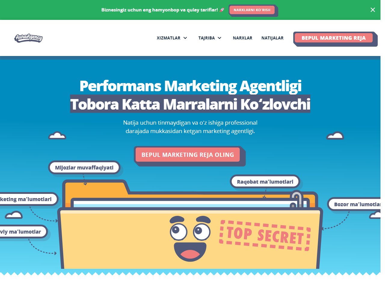 Aura Agency sayti - bosh sahifa